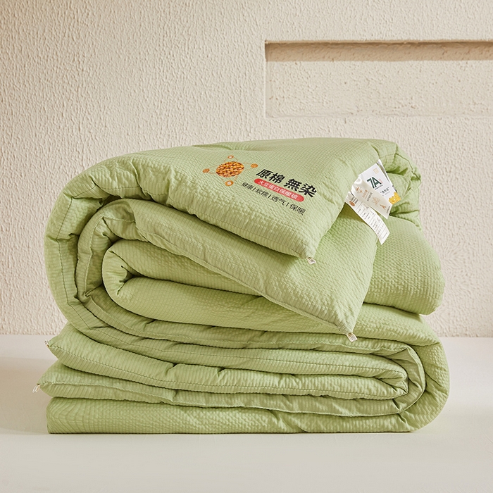 91家纺网 家纺一手货源 找家纺 欢乐季2025新款7A抗菌A类提花皱皱纱大豆纤维被四季被+被芯 香草绿