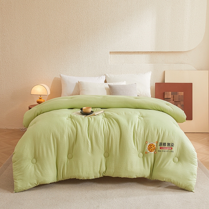 91家纺网 家纺一手货源 找家纺 欢乐季2025新款7A抗菌A类提花皱皱纱大豆纤维被四季被+被芯 香草绿