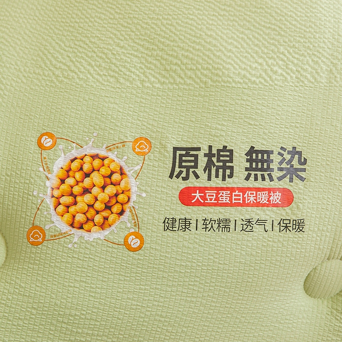 91家纺网 家纺一手货源 找家纺 欢乐季2025新款7A抗菌A类提花皱皱纱大豆纤维被四季被+被芯 香草绿