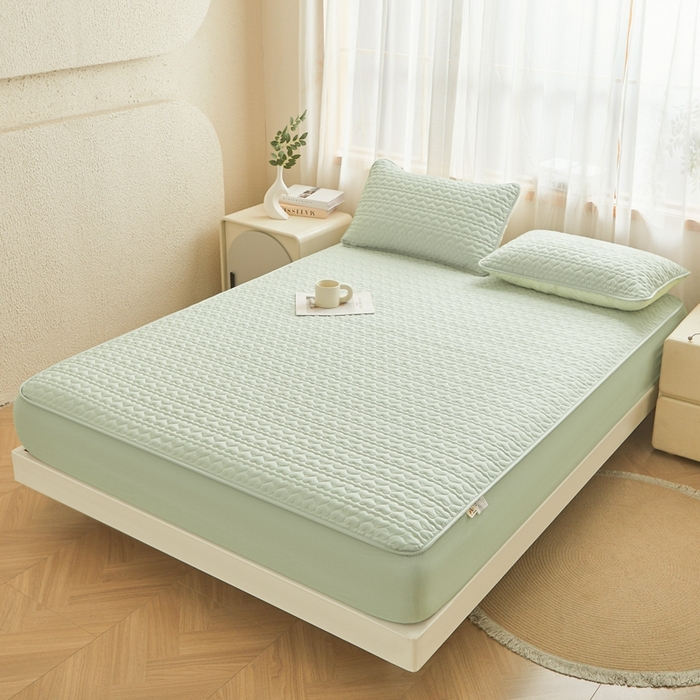 91家纺网 家纺一手货源 找家纺 邵依家纺 2025新款A类大豆夹棉爱心款原棉防水床笠 爱心豆绿