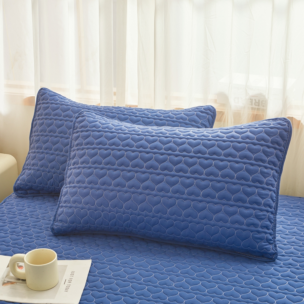 邵依家纺 2025新款纯色爱心防水枕套 爱心黛蓝