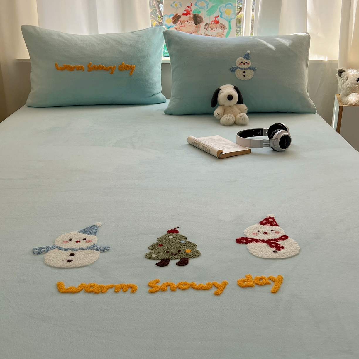 91家纺网 家纺一手货源 找家纺 桃喜 2025新款秋冬牛奶绒床笠三件套（会员-3） 圣诞雪人