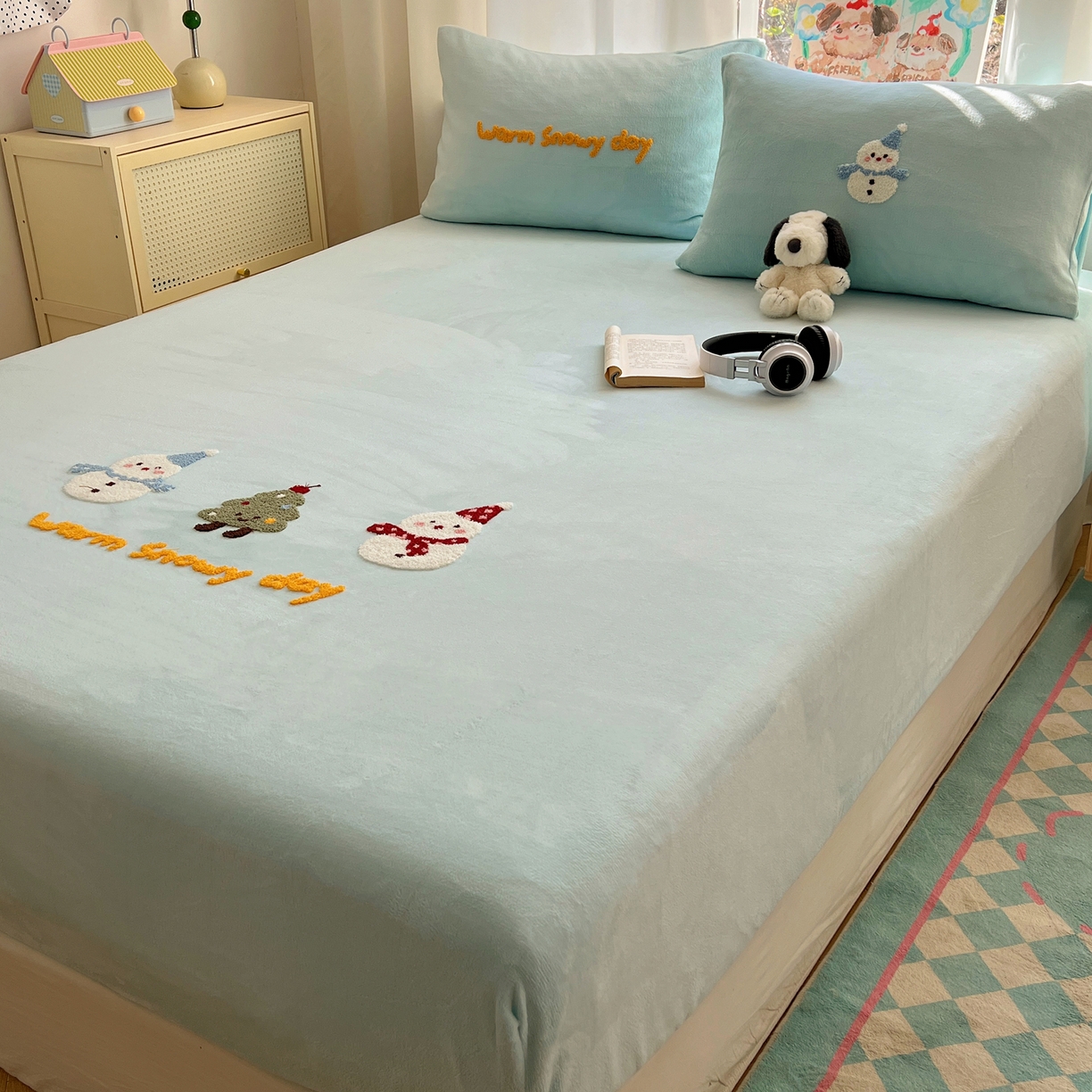 91家纺网 家纺一手货源 找家纺 桃喜 2025新款秋冬牛奶绒床笠三件套（会员-3） 圣诞雪人