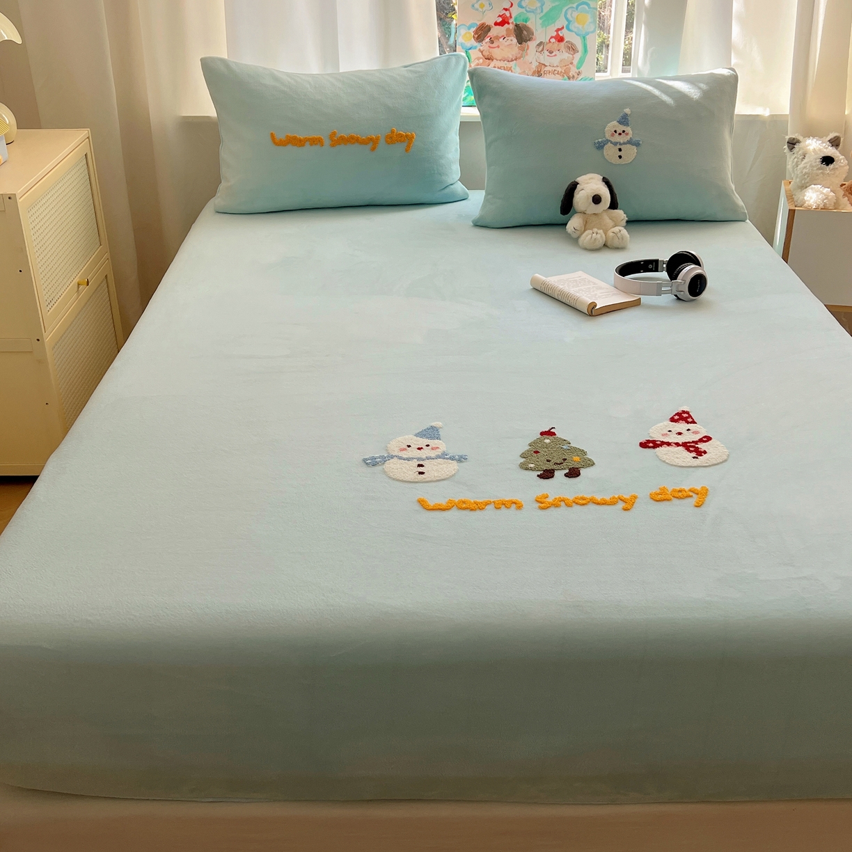 91家纺网 家纺一手货源 找家纺 桃喜 2025新款秋冬牛奶绒床笠三件套（会员-3） 圣诞雪人