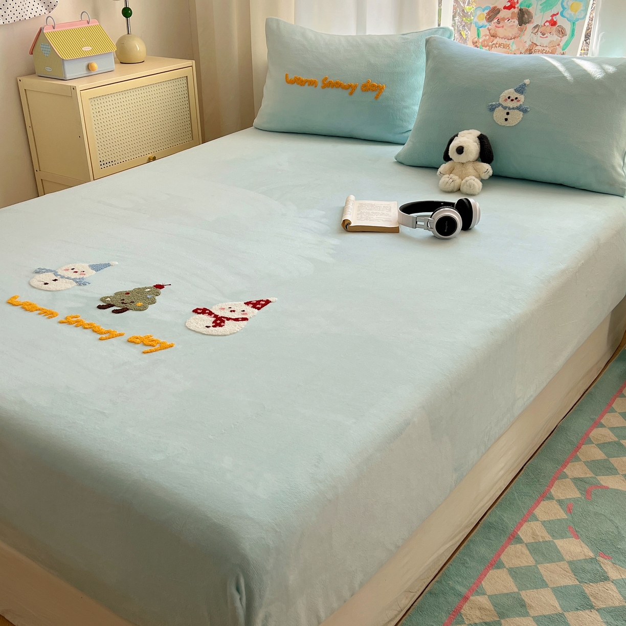 91家纺网 家纺一手货源 找家纺 桃喜 2025新款秋冬牛奶绒床笠三件套（会员-3） 圣诞雪人