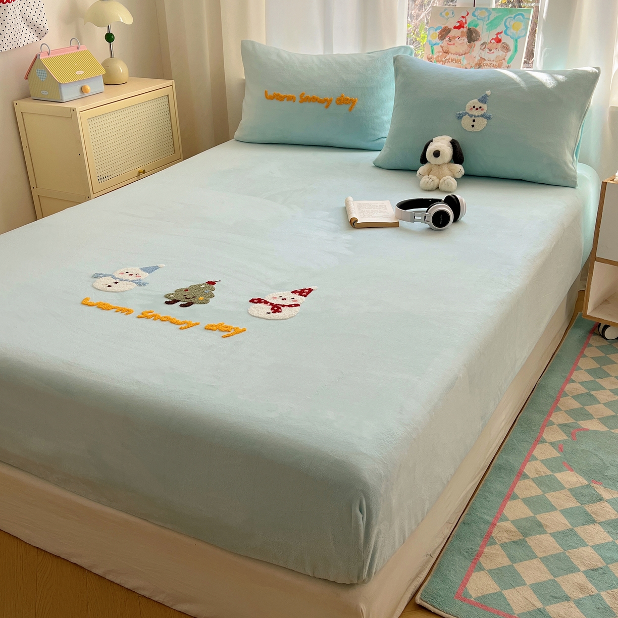 91家纺网 家纺一手货源 找家纺 桃喜 2025新款秋冬牛奶绒床笠三件套（会员-3） 圣诞雪人