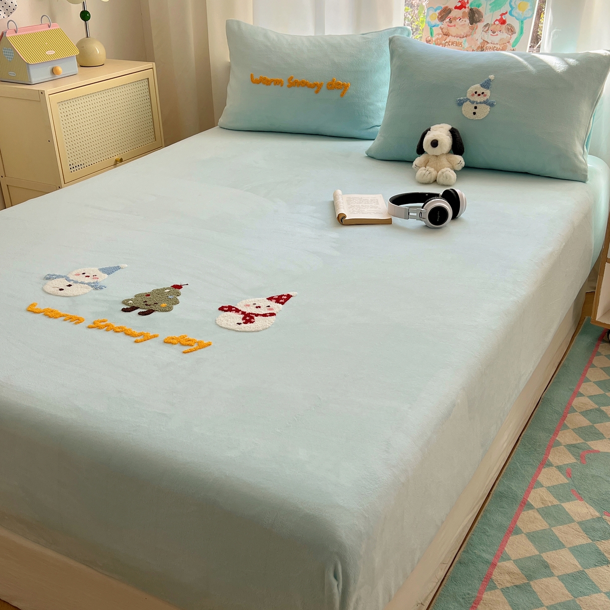 91家纺网 家纺一手货源 找家纺 桃喜 2025新款秋冬牛奶绒床笠三件套（会员-3） 圣诞雪人