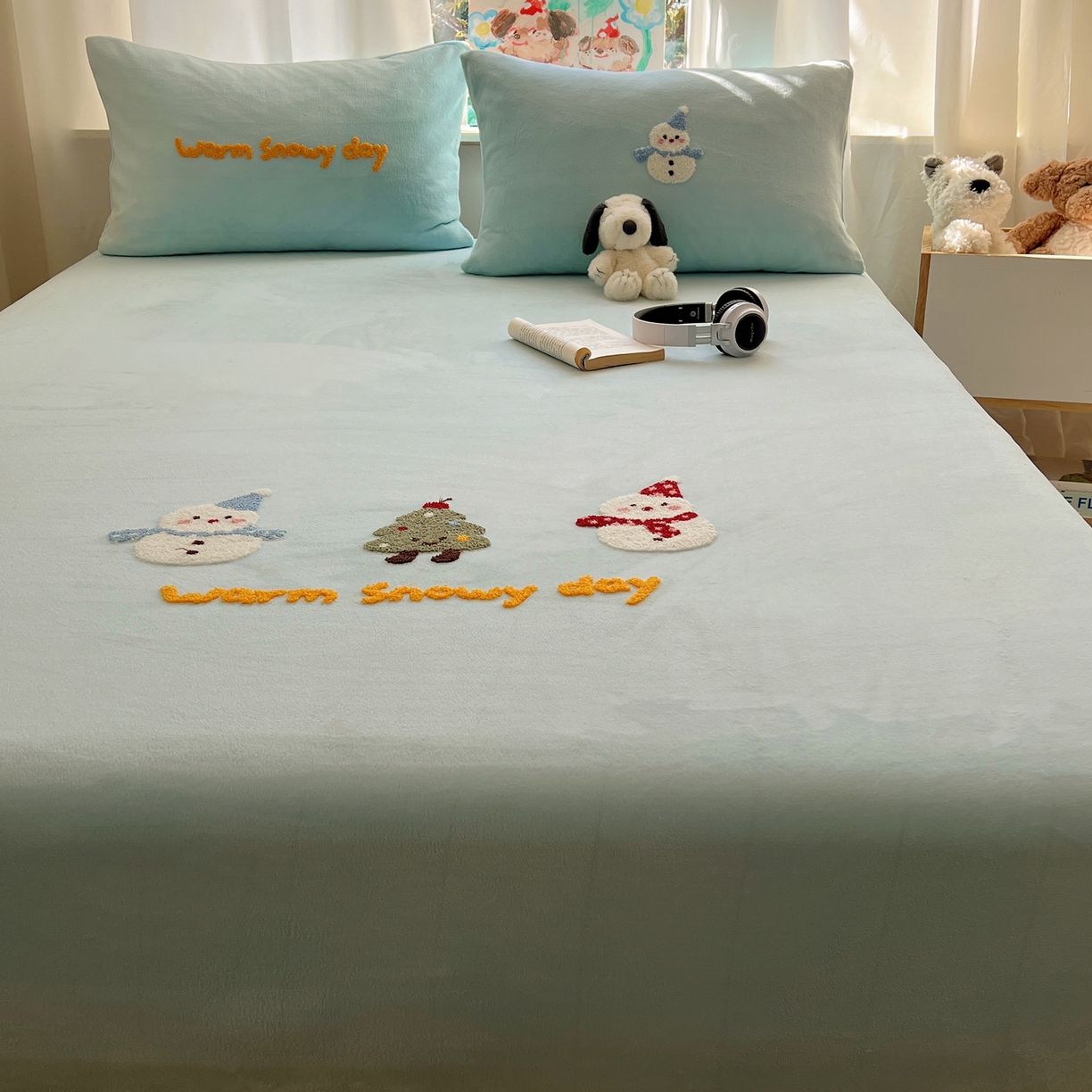 91家纺网 家纺一手货源 找家纺 桃喜 2025新款秋冬牛奶绒床笠三件套（会员-3） 圣诞雪人