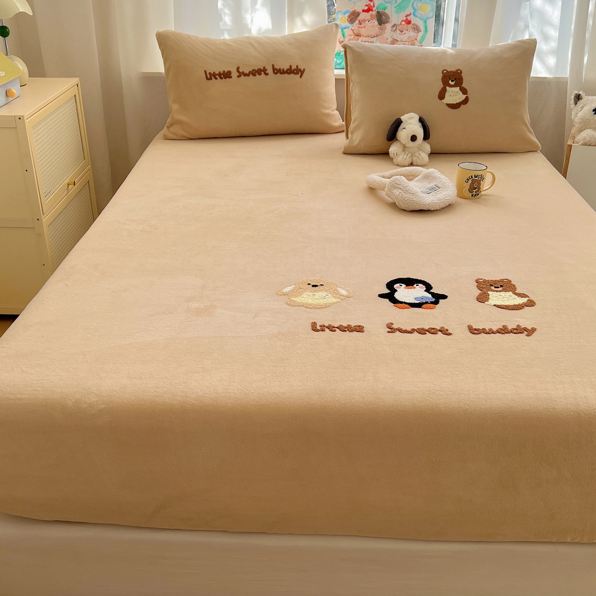 91家纺网 家纺一手货源 找家纺 桃喜 2025新款秋冬牛奶绒床笠三件套（会员-3） 三个小伙伴