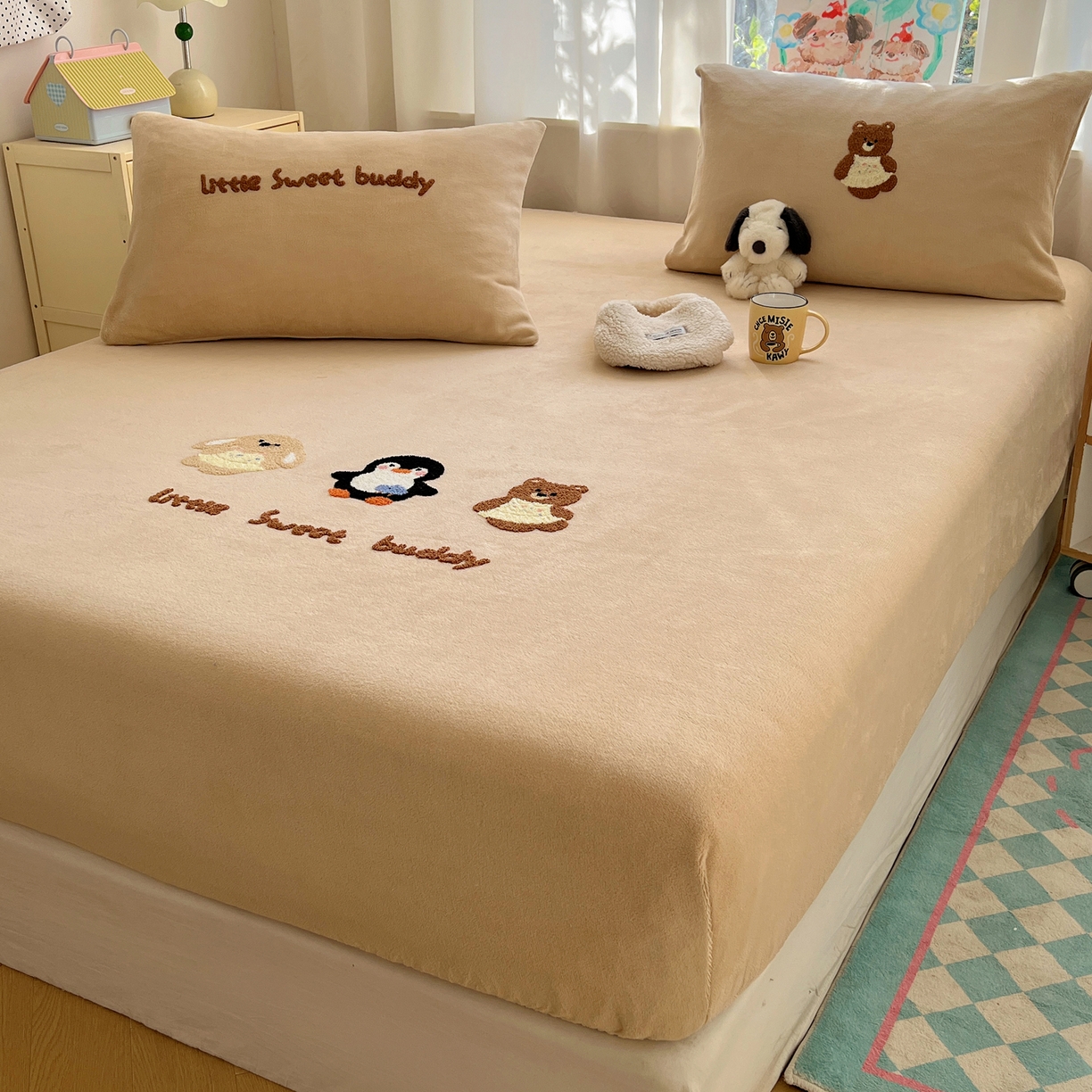 91家纺网 家纺一手货源 找家纺 桃喜 2025新款秋冬牛奶绒床笠三件套（会员-3） 三个小伙伴