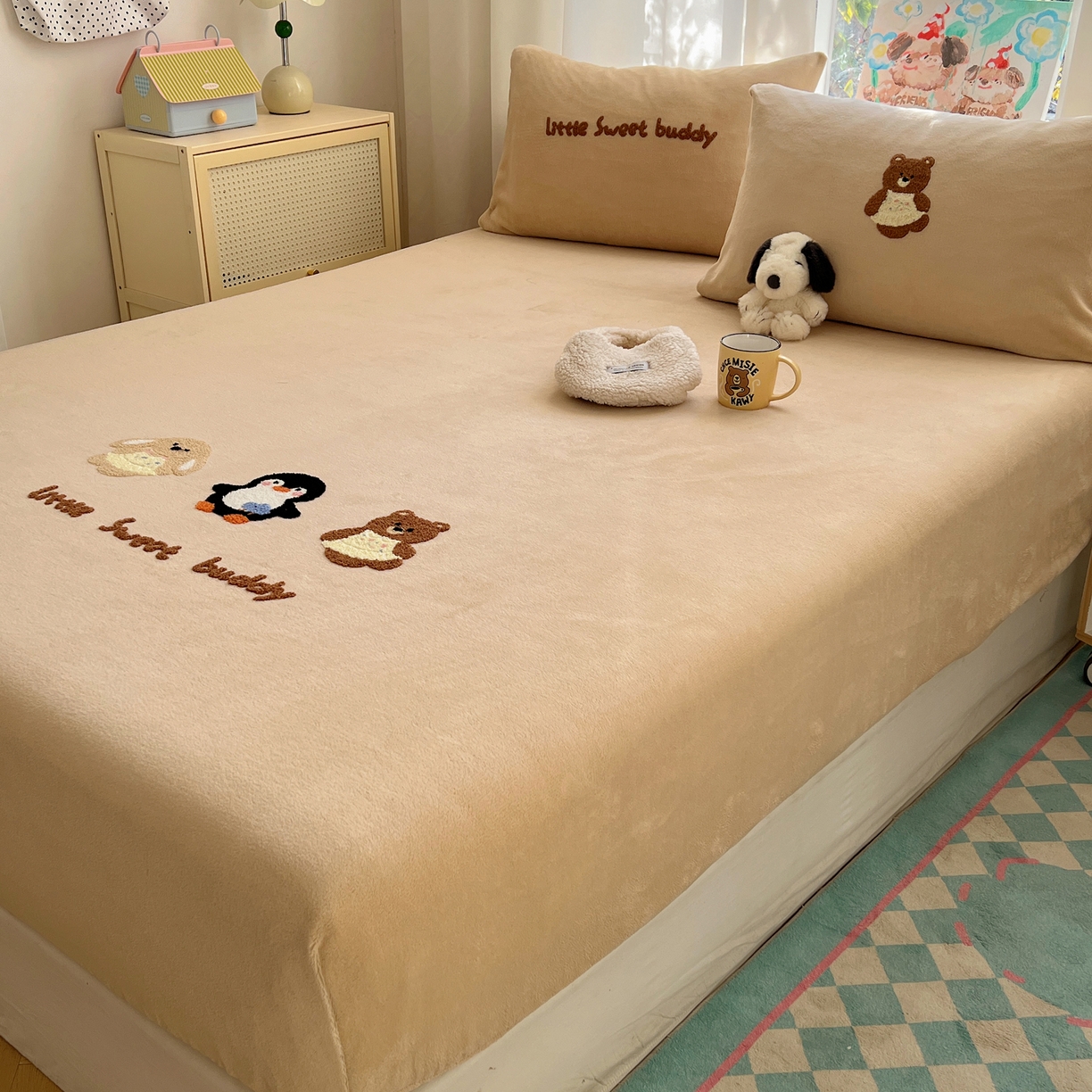 91家纺网 家纺一手货源 找家纺 桃喜 2025新款秋冬牛奶绒床笠三件套（会员-3） 三个小伙伴