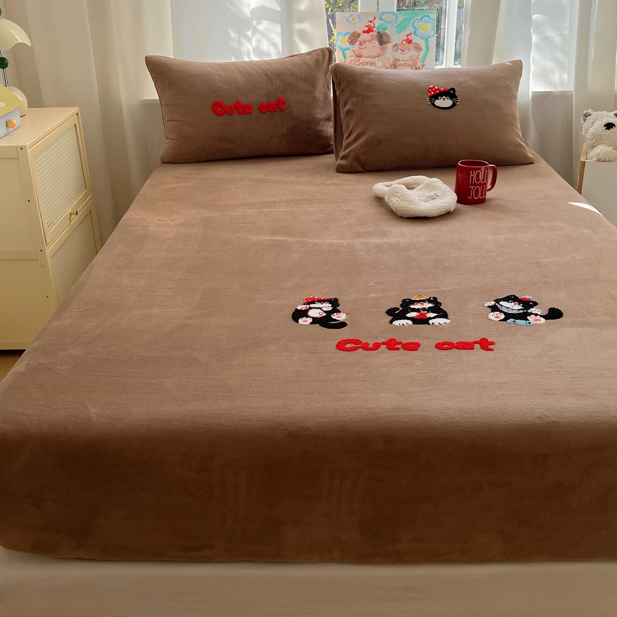 91家纺网 家纺一手货源 找家纺 桃喜 2025新款秋冬牛奶绒床笠三件套（会员-3） 三只小猫