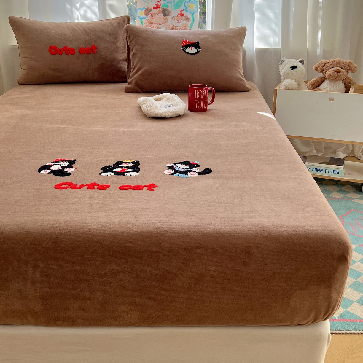 91家纺网 家纺一手货源 找家纺 桃喜 2025新款秋冬牛奶绒床笠三件套（会员-3） 三只小猫