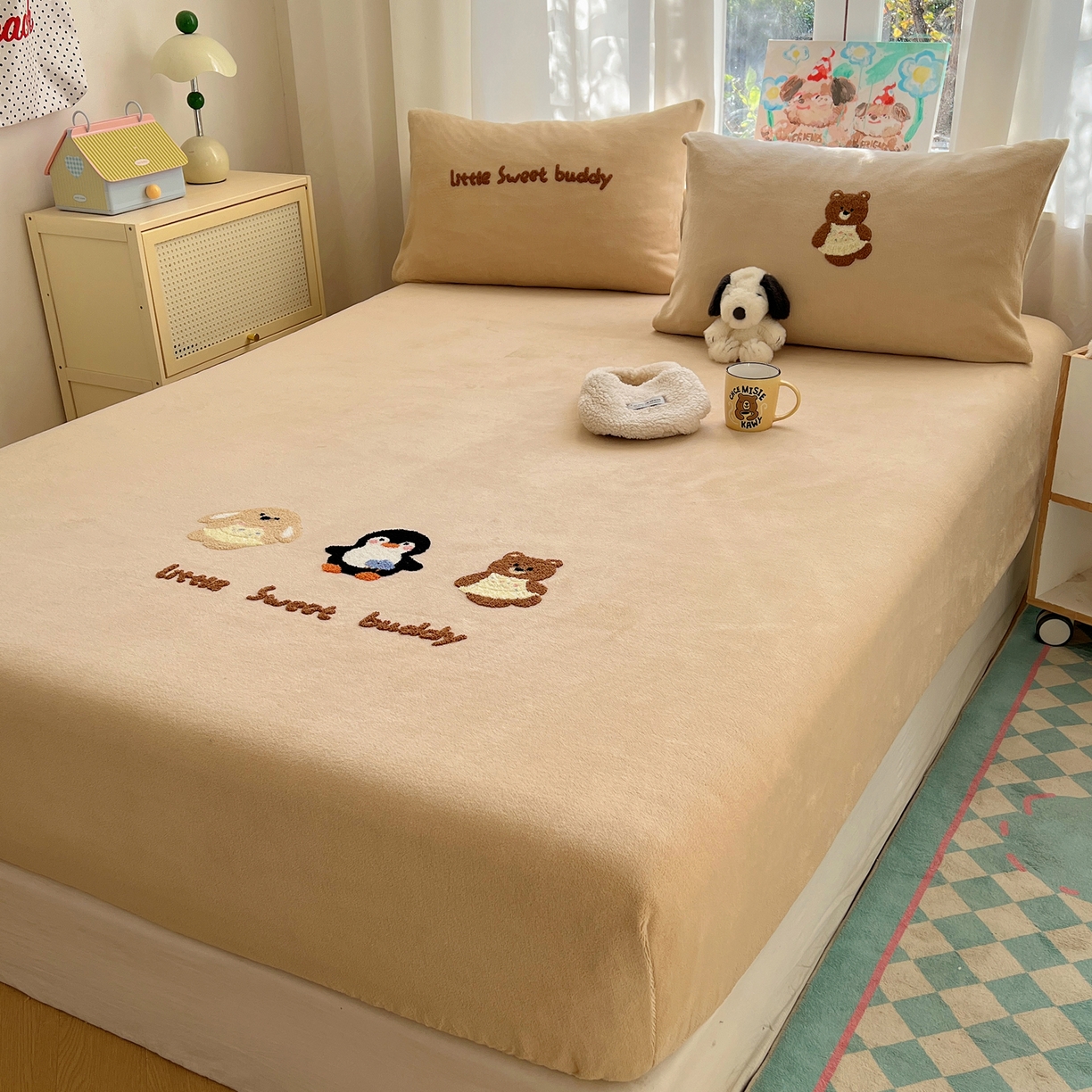 91家纺网 家纺一手货源 找家纺 桃喜 2025新款秋冬牛奶绒床笠三件套（会员-3） 三个小伙伴