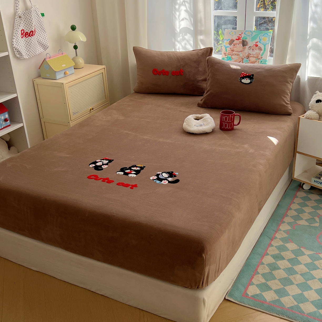 桃喜 2025新款秋冬牛奶绒床笠三件套（会员-3） 三只小猫