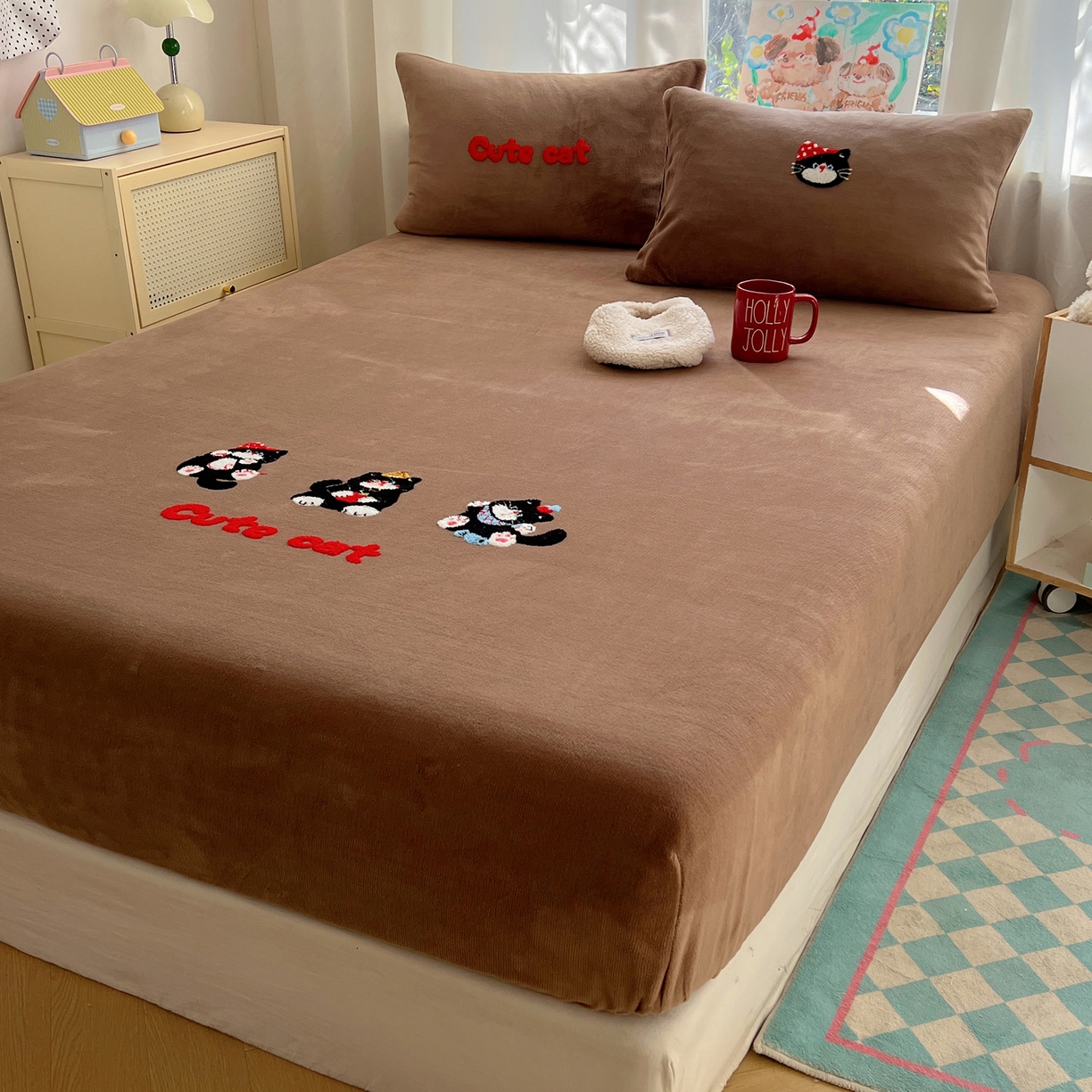 91家纺网 家纺一手货源 找家纺 桃喜 2025新款秋冬牛奶绒床笠三件套（会员-3） 三只小猫