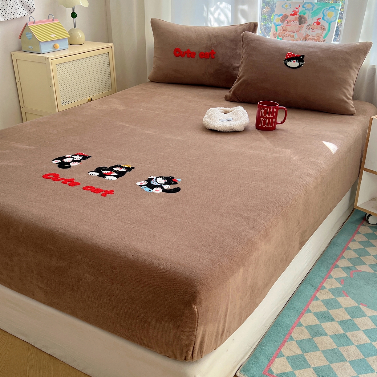 91家纺网 家纺一手货源 找家纺 桃喜 2025新款秋冬牛奶绒床笠三件套（会员-3） 三只小猫