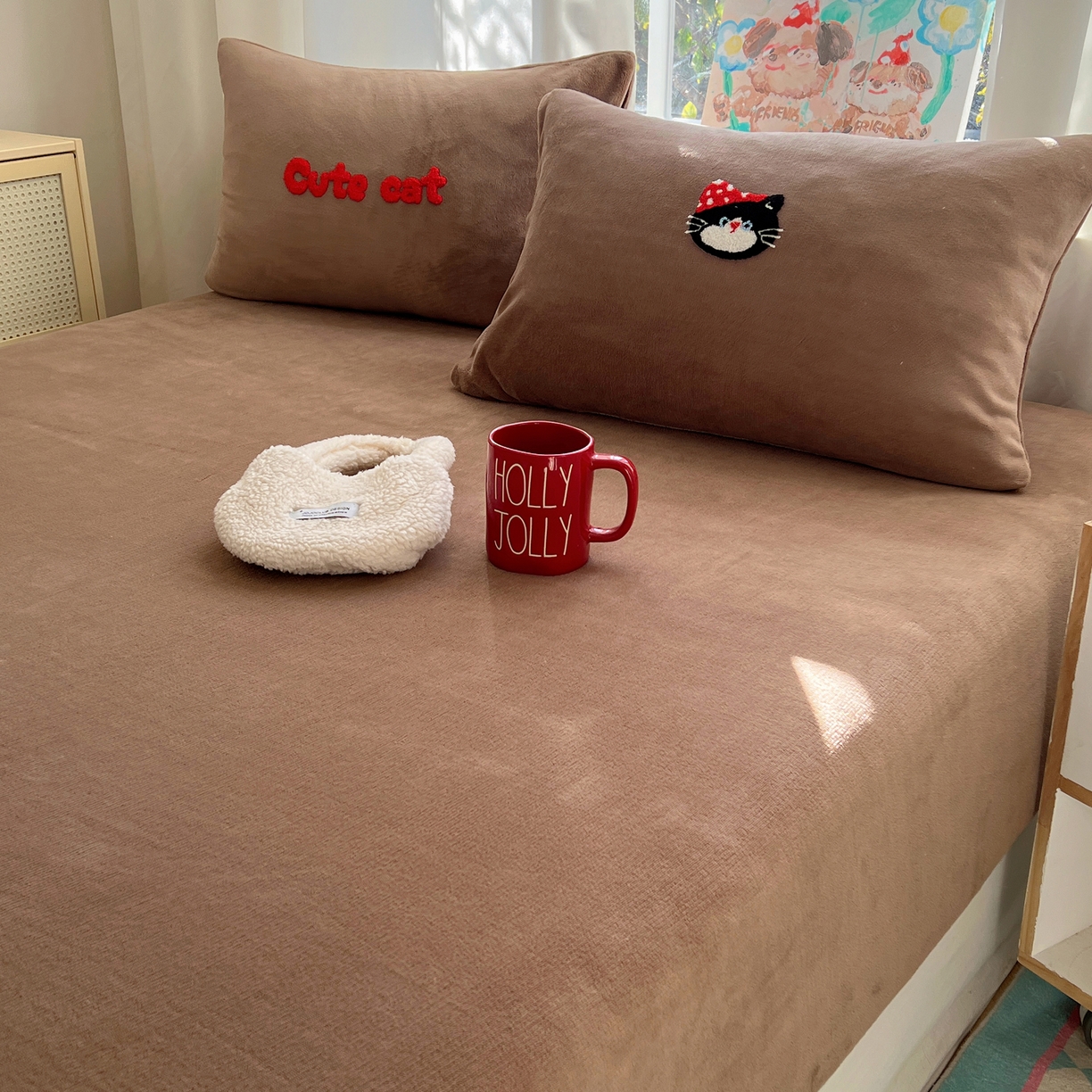 91家纺网 家纺一手货源 找家纺 桃喜 2025新款秋冬牛奶绒床笠三件套（会员-3） 三只小猫