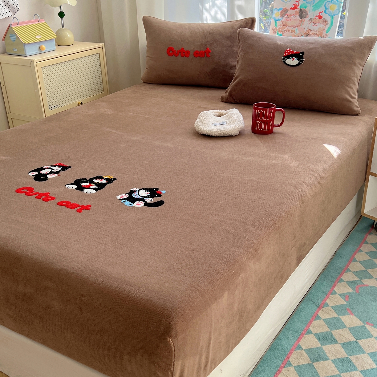 91家纺网 家纺一手货源 找家纺 桃喜 2025新款秋冬牛奶绒床笠三件套（会员-3） 三只小猫