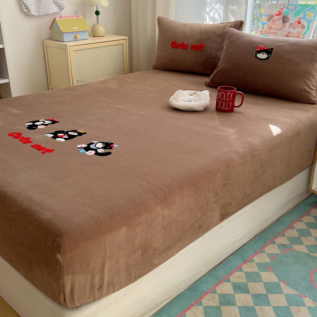 91家纺网 家纺一手货源 找家纺 桃喜 2025新款秋冬牛奶绒床笠三件套（会员-3） 三只小猫