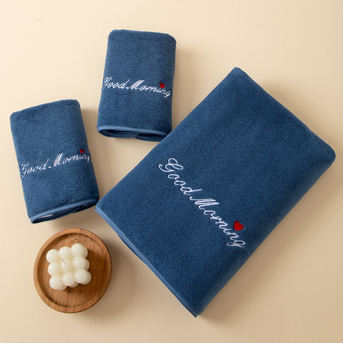 彩虹毛巾 2025早安晚安情侣款毛巾浴巾两件套加厚款珊瑚绒毛巾浴巾套装 good morning蓝色三件套 毛巾35*75浴巾70*140