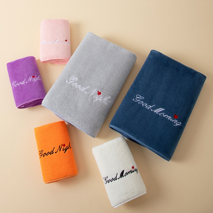 91家纺网 家纺一手货源 找家纺 彩虹毛巾 2025早安晚安情侣款毛巾浴巾两件套加厚款珊瑚绒毛巾浴巾套装 组合图 毛巾35*75浴巾70*140