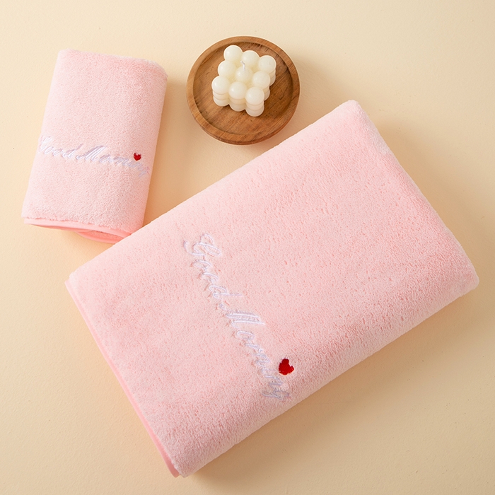 彩虹毛巾 2025早安晚安情侣款毛巾浴巾两件套加厚款珊瑚绒毛巾浴巾套装 good morning粉色套装 毛巾35*75浴巾70*140