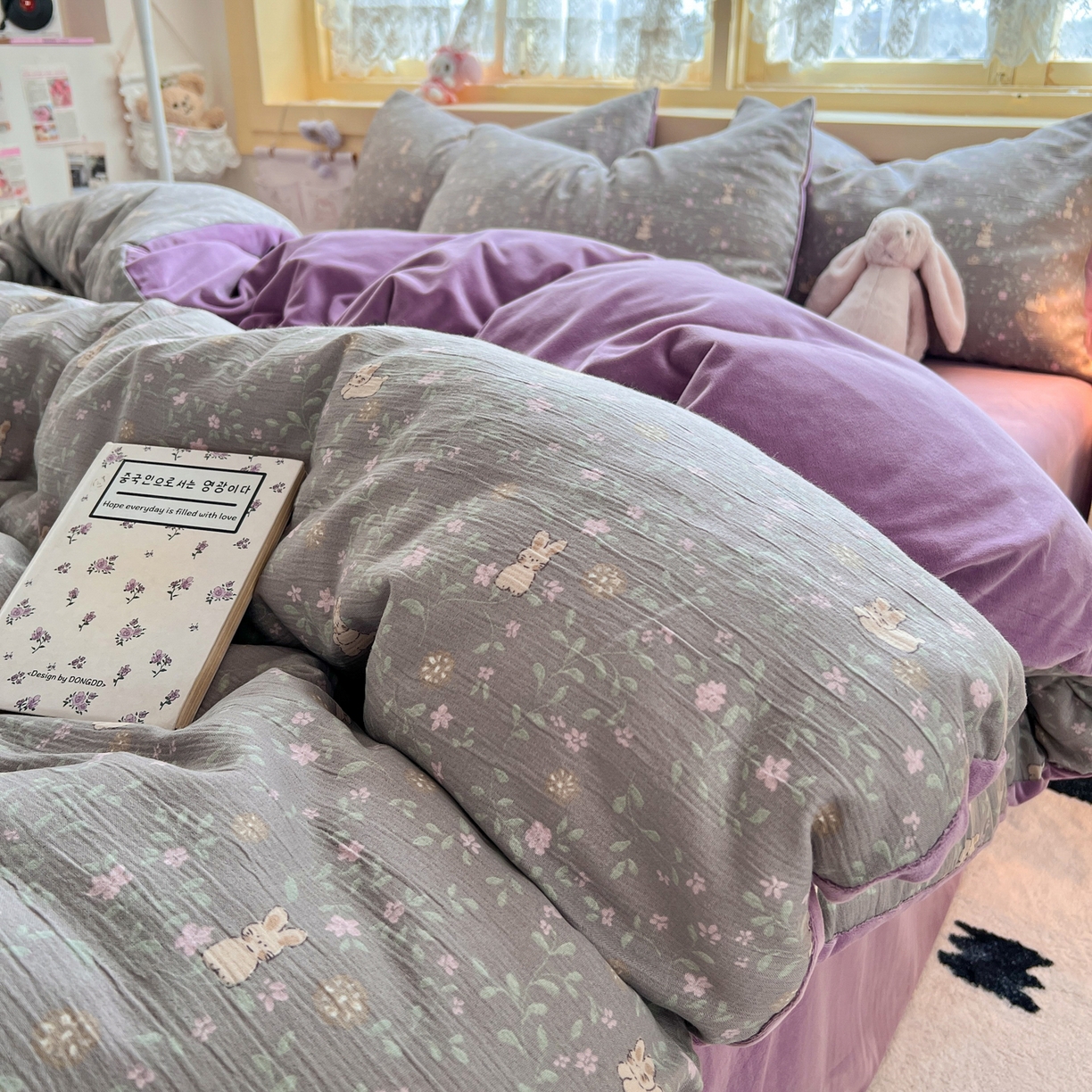 玉海棠家纺 2025新款A版三层纱B版牛奶绒四件套系列 花间兔