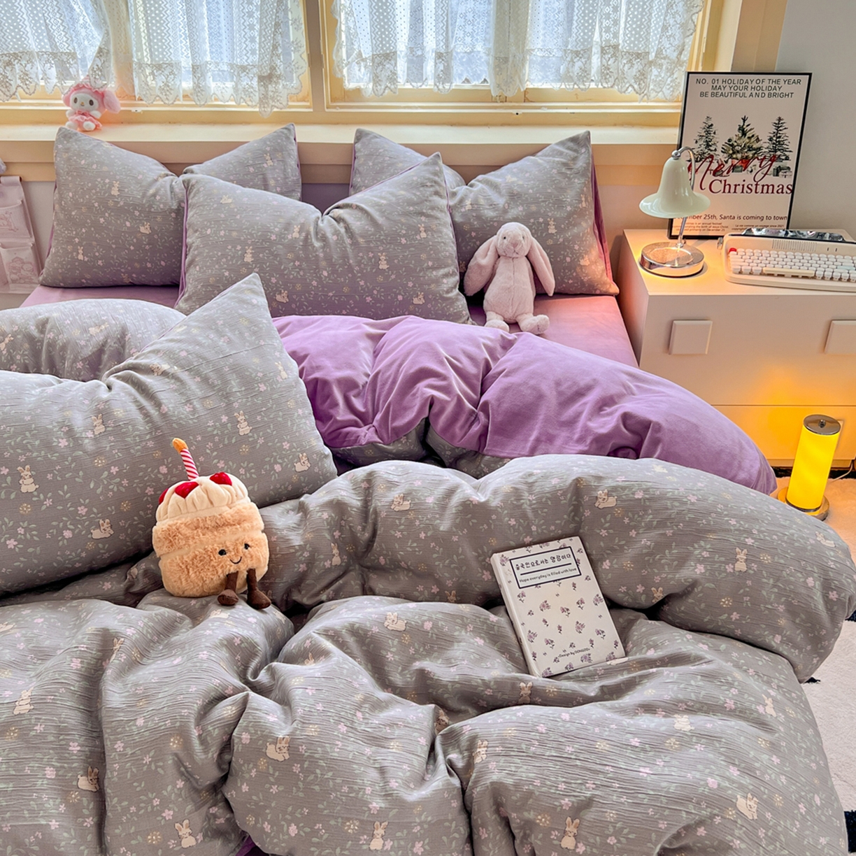 91家纺网 家纺一手货源 找家纺 玉海棠家纺 2025新款A版三层纱B版牛奶绒四件套系列 花间兔