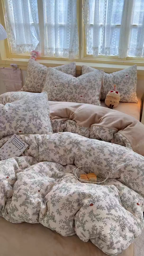 91家纺网 家纺一手货源 找家纺 玉海棠家纺 2025新款A版三层纱B版牛奶绒四件套系列 沐风