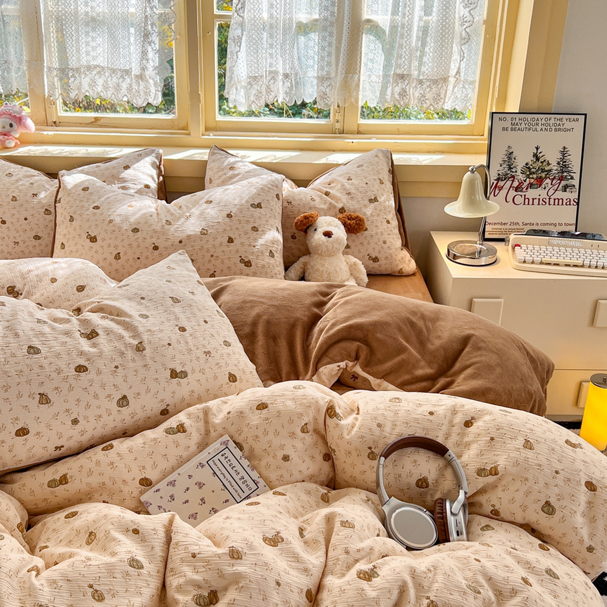 91家纺网 家纺一手货源 找家纺 玉海棠家纺 2025新款A版三层纱B版牛奶绒四件套系列 南瓜派