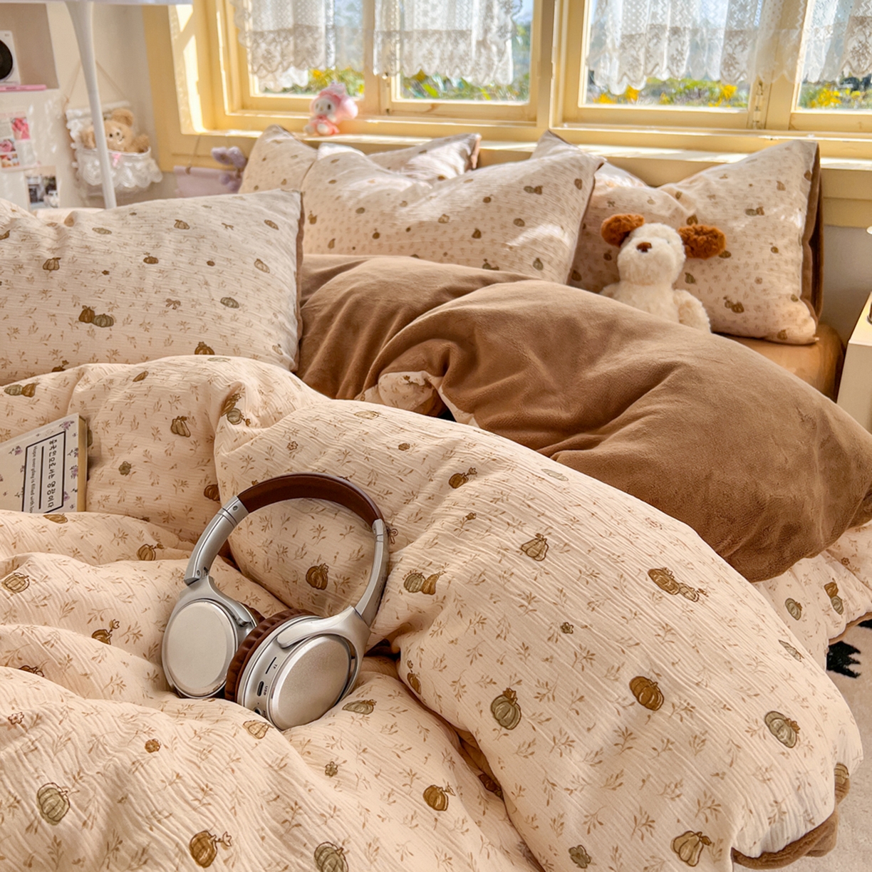 91家纺网 家纺一手货源 找家纺 玉海棠家纺 2025新款A版三层纱B版牛奶绒四件套系列 南瓜派