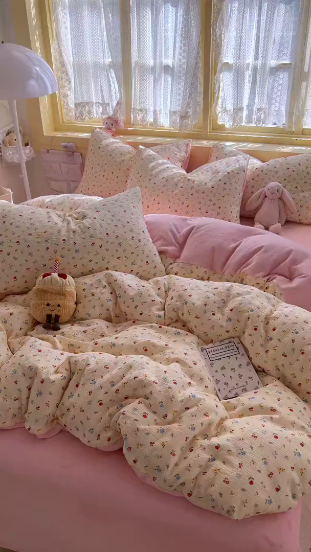 91家纺网 家纺一手货源 找家纺 玉海棠家纺 2025新款A版三层纱B版牛奶绒四件套系列 小花点点