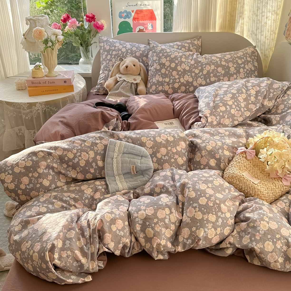 91家纺网 家纺一手货源 找家纺 玉海棠家纺 2025新款亲肤舒适印花四件套系列 花盏灰