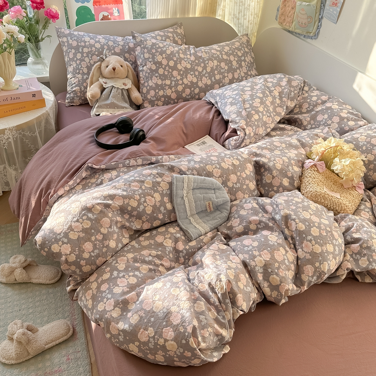 91家纺网 家纺一手货源 找家纺 玉海棠家纺 2025新款亲肤舒适印花四件套系列 花盏灰