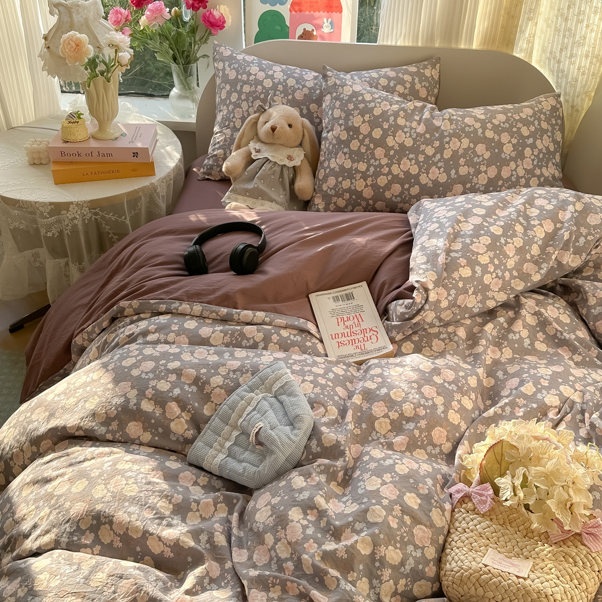 91家纺网 家纺一手货源 找家纺 玉海棠家纺 2025新款亲肤舒适印花四件套系列 花盏灰