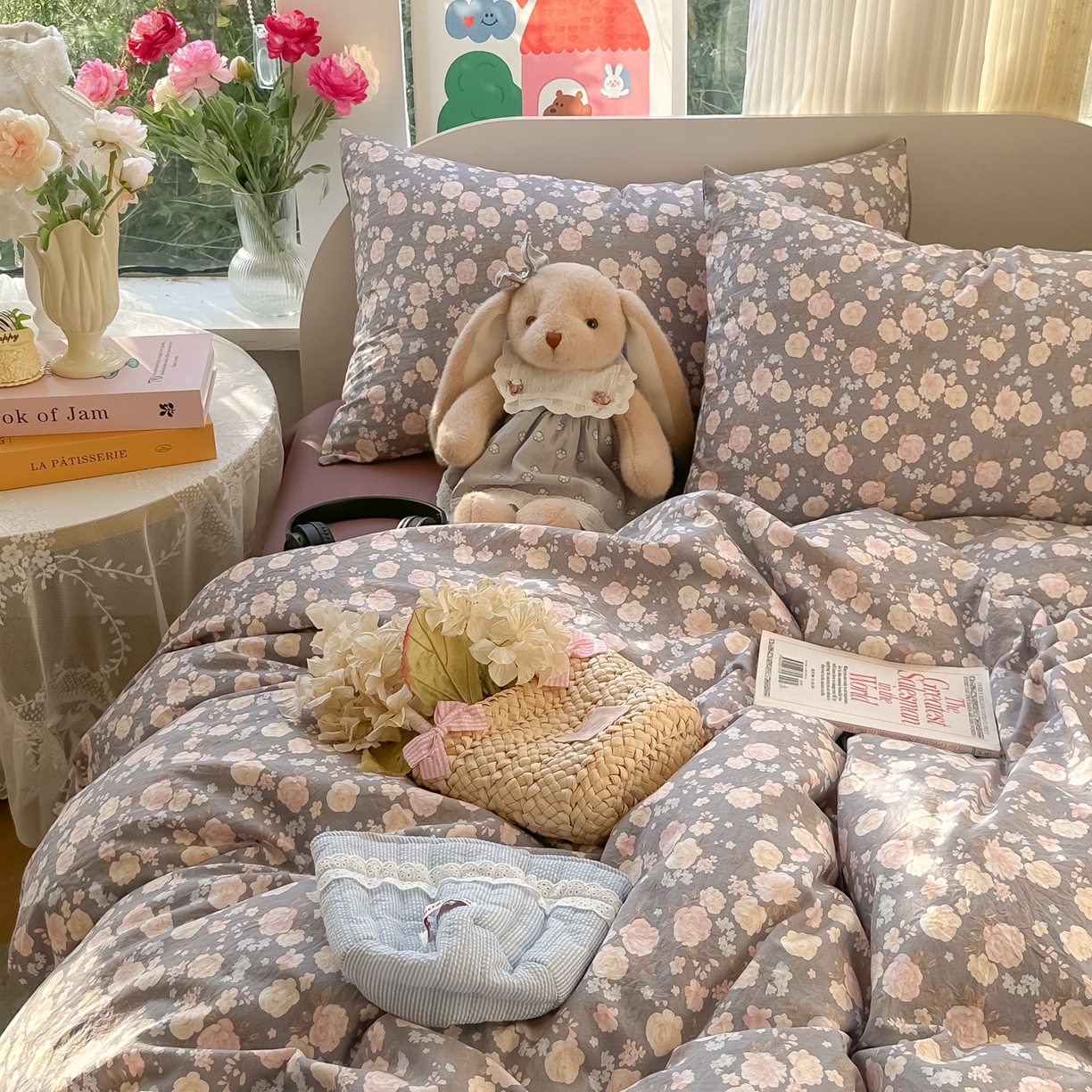 91家纺网 家纺一手货源 找家纺 玉海棠家纺 2025新款亲肤舒适印花四件套系列 花盏灰