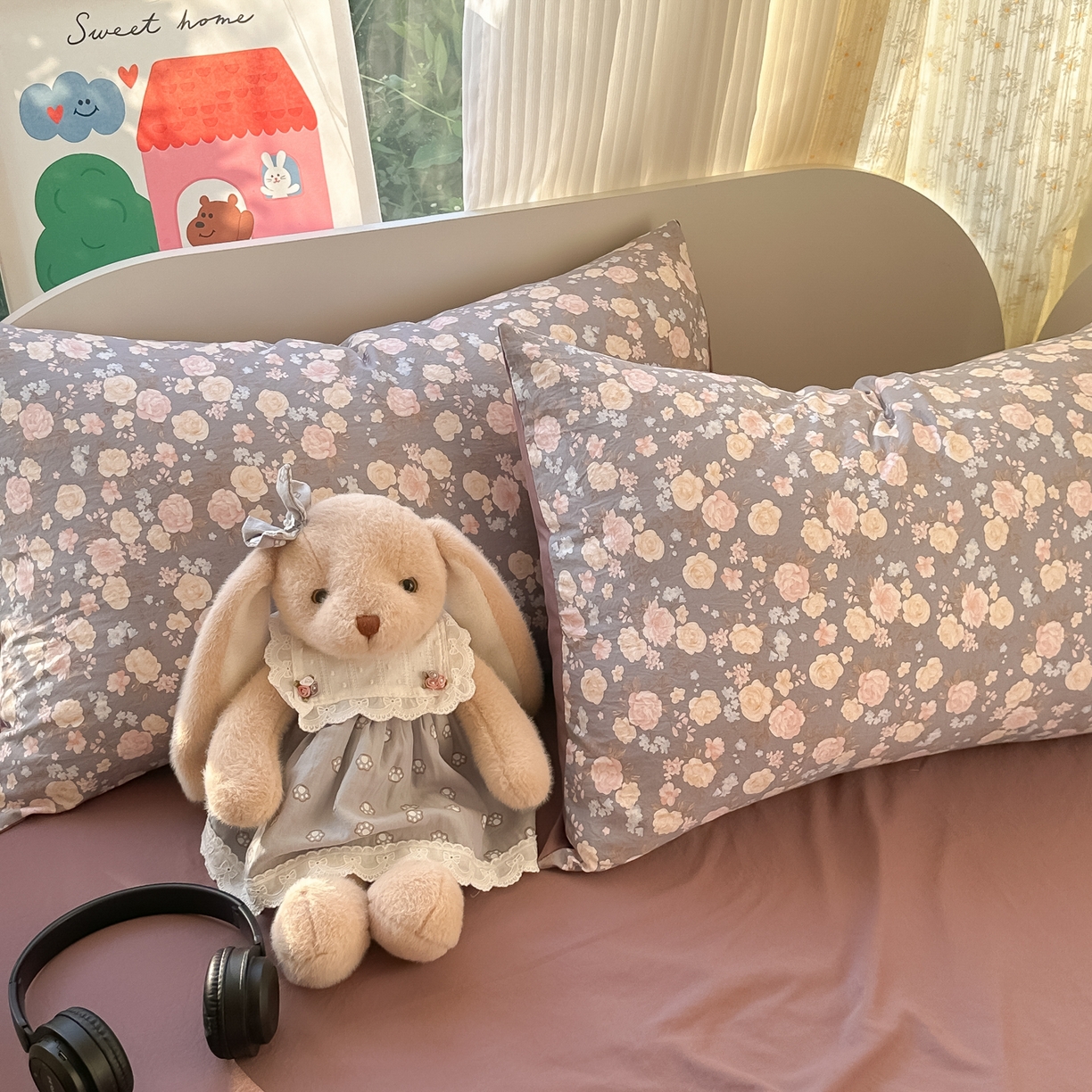 91家纺网 家纺一手货源 找家纺 玉海棠家纺 2025新款亲肤舒适印花四件套系列 花盏灰