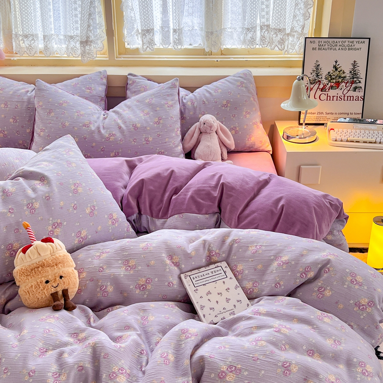 91家纺网 家纺一手货源 找家纺 玉海棠家纺 2025新款A版三层纱B版牛奶绒四件套系列 紫萱