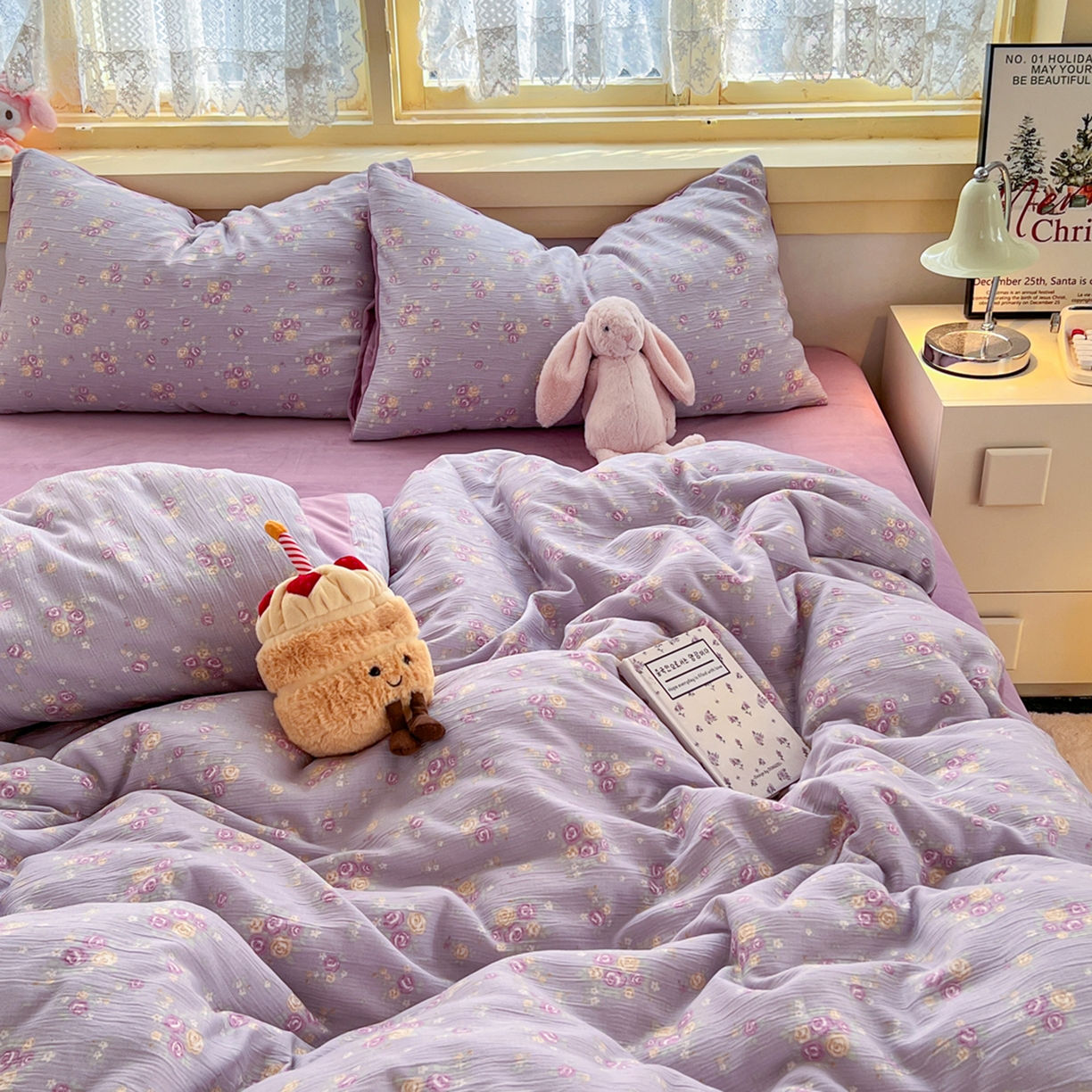 91家纺网 家纺一手货源 找家纺 玉海棠家纺 2025新款A版三层纱B版牛奶绒四件套系列 紫萱