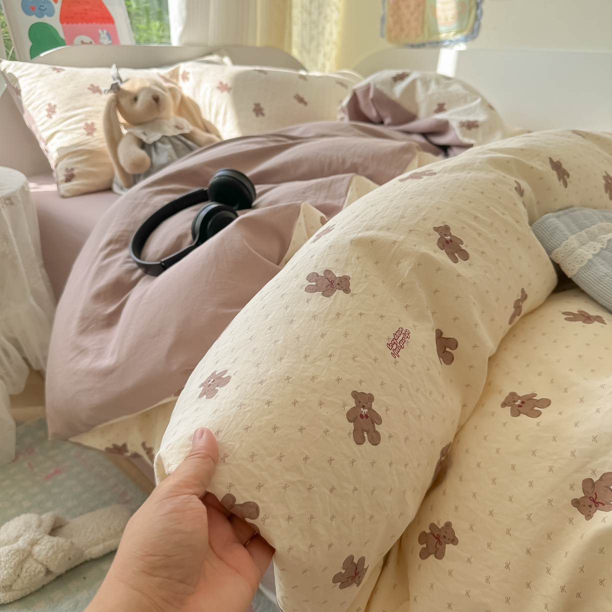 91家纺网 家纺一手货源 找家纺 玉海棠家纺 2025新款亲肤舒适印花四件套系列 梦想熊