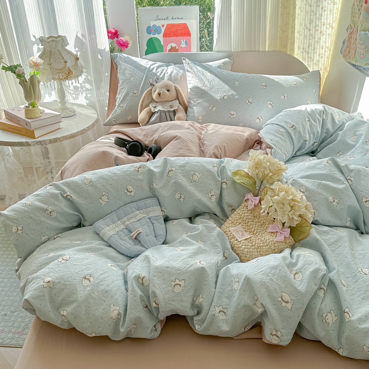 91家纺网 家纺一手货源 找家纺 玉海棠家纺 2025新款亲肤舒适印花四件套系列 心愿狗-绿