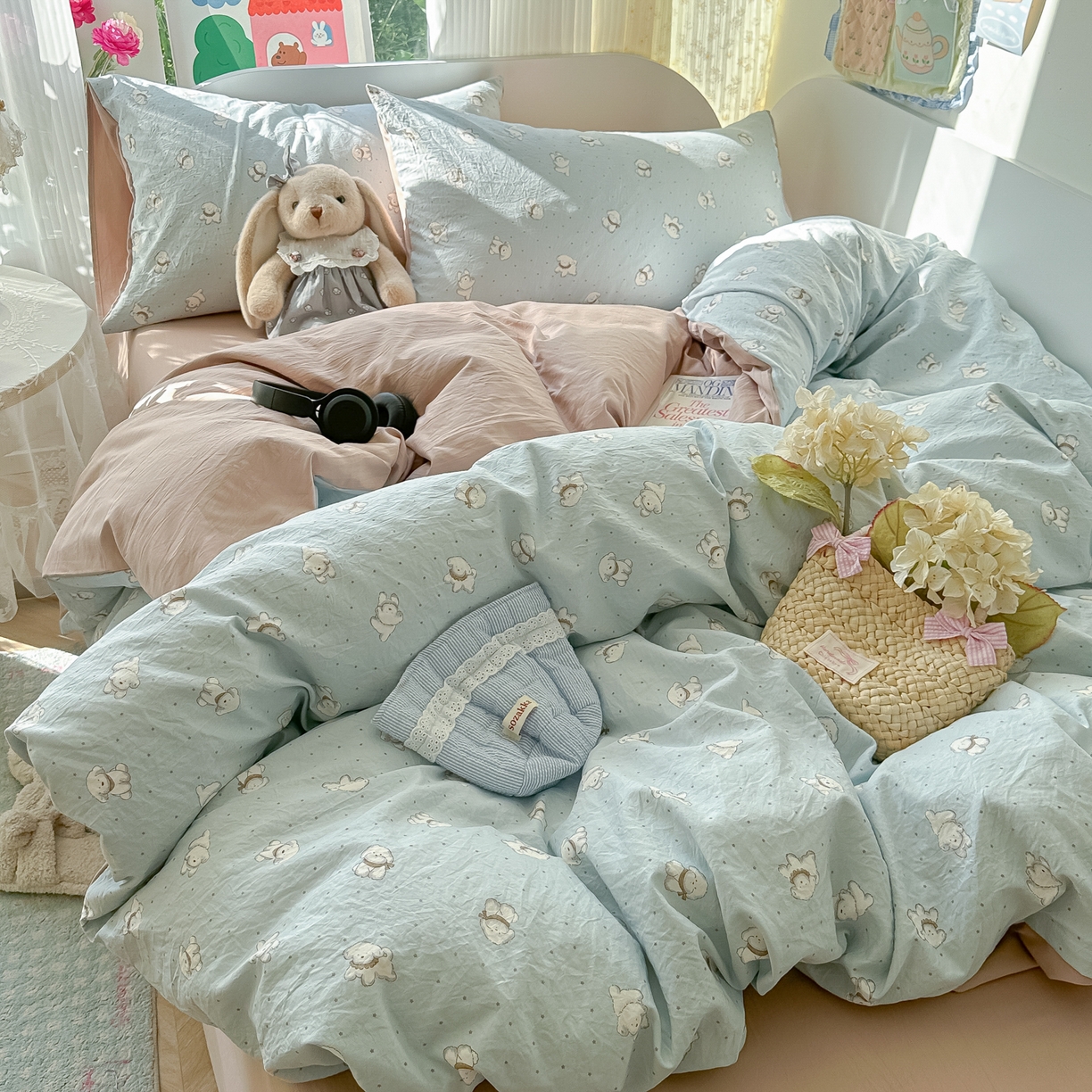 91家纺网 家纺一手货源 找家纺 玉海棠家纺 2025新款亲肤舒适印花四件套系列 心愿狗-绿