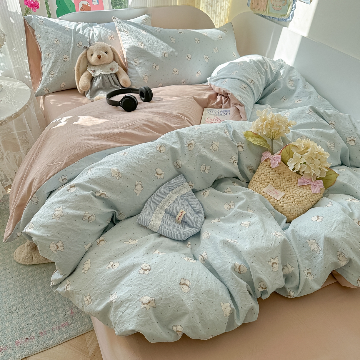 91家纺网 家纺一手货源 找家纺 玉海棠家纺 2025新款亲肤舒适印花四件套系列 心愿狗-绿