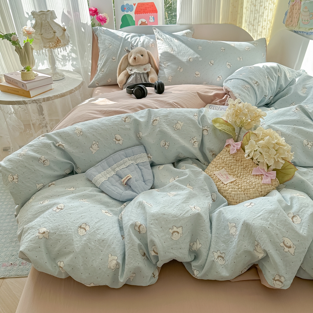 91家纺网 家纺一手货源 找家纺 玉海棠家纺 2025新款亲肤舒适印花四件套系列 心愿狗-绿