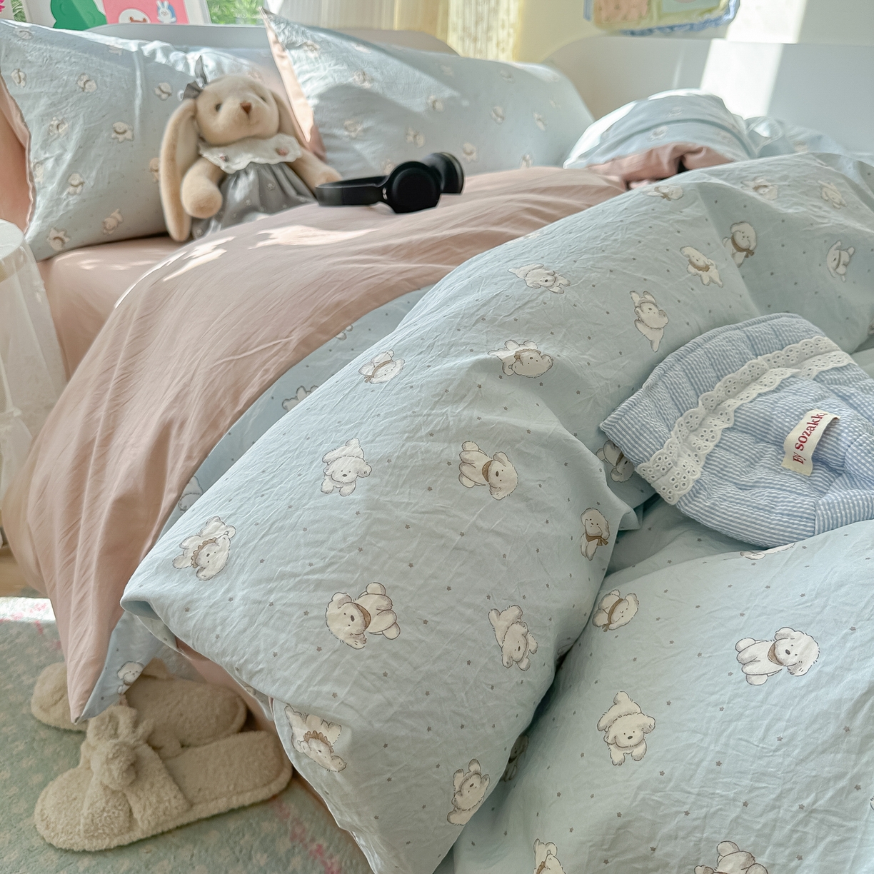 91家纺网 家纺一手货源 找家纺 玉海棠家纺 2025新款亲肤舒适印花四件套系列 心愿狗-绿