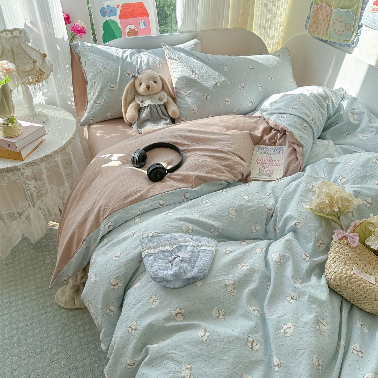 91家纺网 家纺一手货源 找家纺 玉海棠家纺 2025新款亲肤舒适印花四件套系列 心愿狗-绿