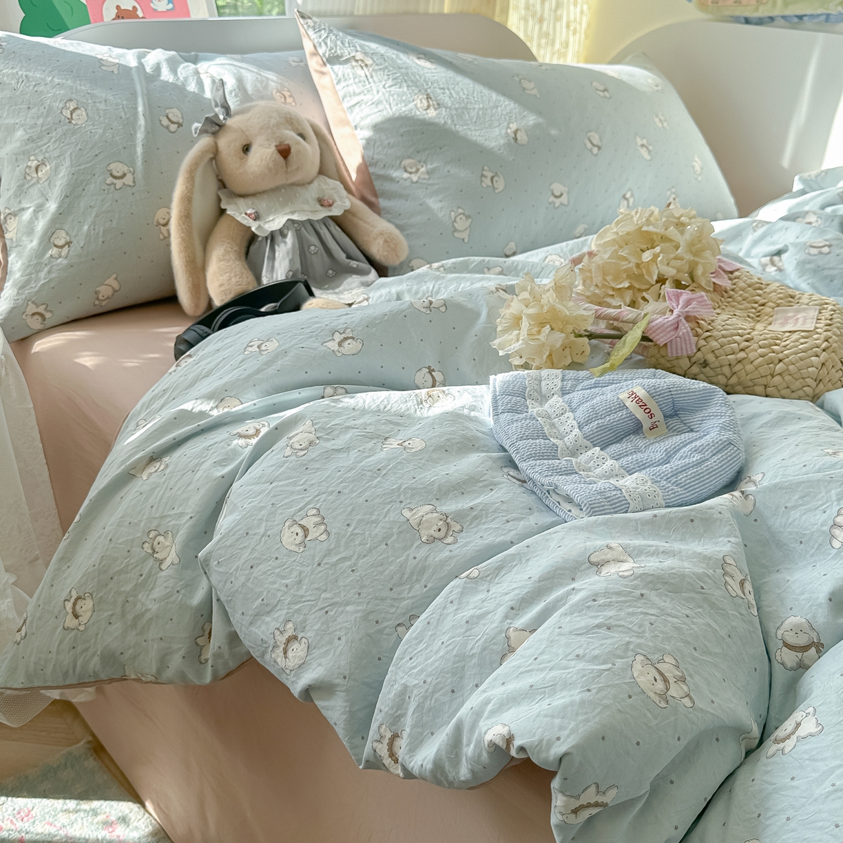 91家纺网 家纺一手货源 找家纺 玉海棠家纺 2025新款亲肤舒适印花四件套系列 心愿狗-绿