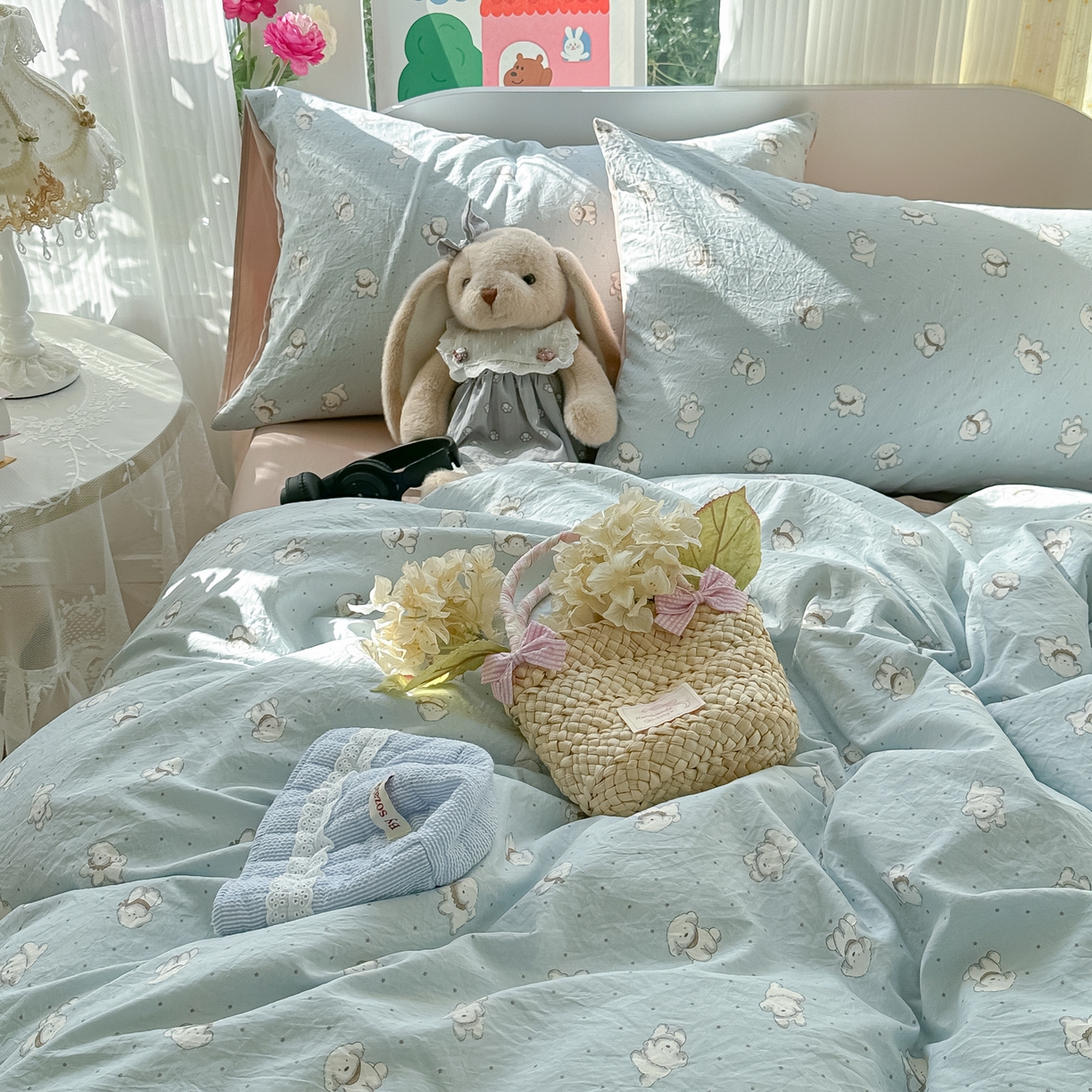 91家纺网 家纺一手货源 找家纺 玉海棠家纺 2025新款亲肤舒适印花四件套系列 心愿狗-绿