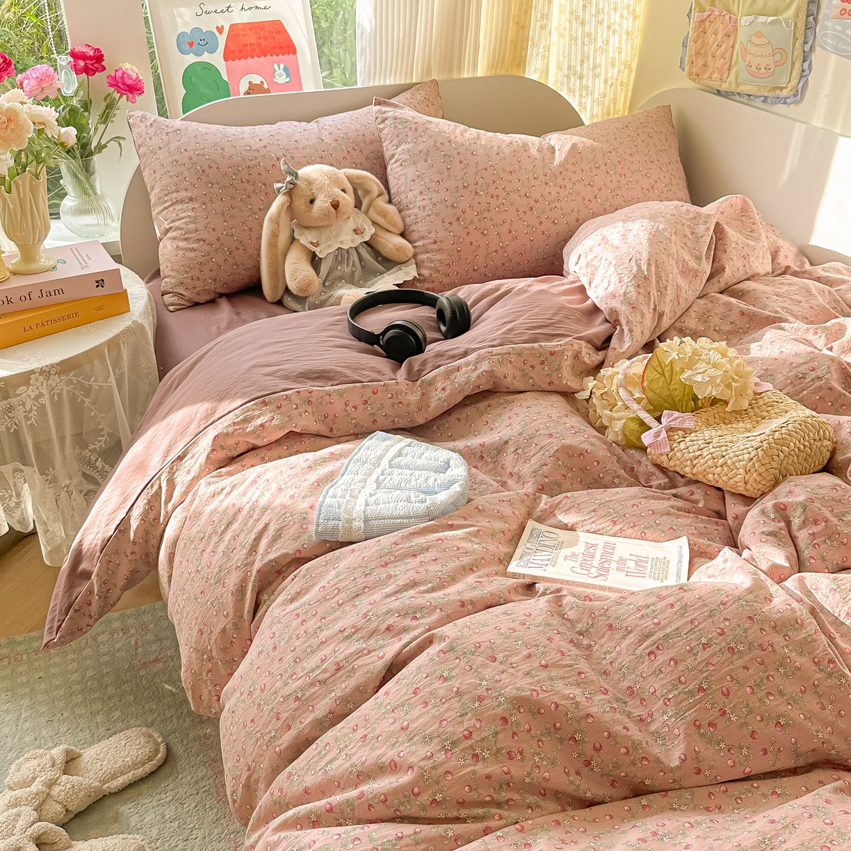 91家纺网 家纺一手货源 找家纺 玉海棠家纺 2025新款亲肤舒适印花四件套系列 樱桃季